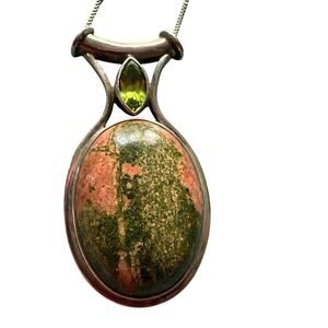 Sajen 925 Sterling Silver Unakite & Peridot Stone Pendant Necklace